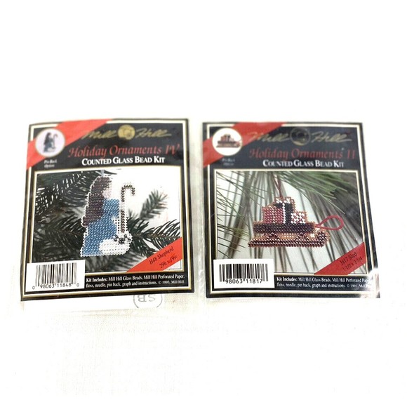 Vintage Mill Hill Holiday Ornament Counted Glass Bead Kit Lot Sled and Shepherd - Picture 1 of 4